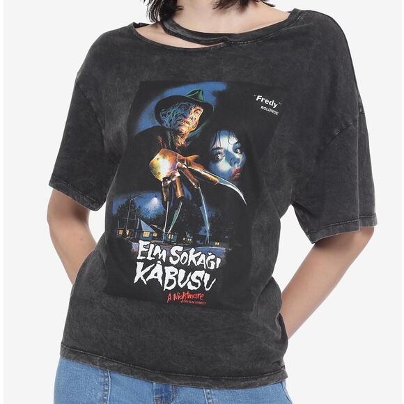 Nightmare On Elm Street NWT Women's Junior Large Asymmetrical Cutout Wash Top - Picture 1 of 9